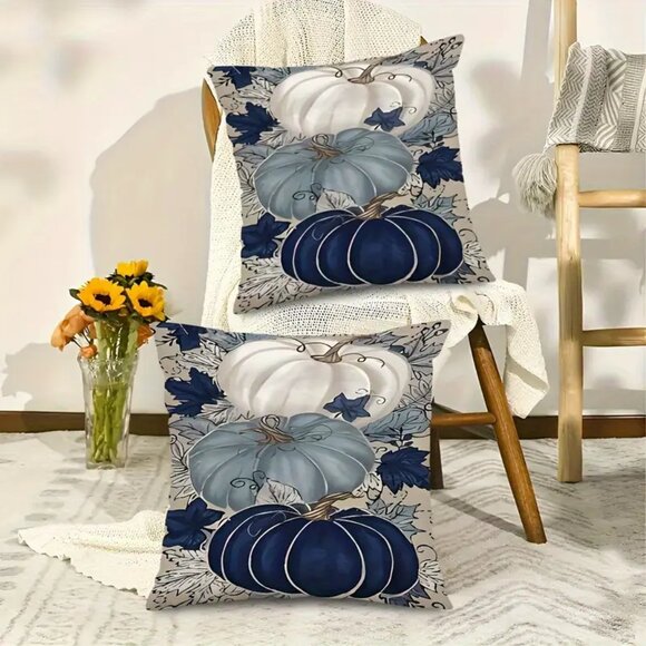 Contemporary Thanksgiving Fall Pillow Cases - Set of 2 - Blue Pumpkins - Picture 4 of 4